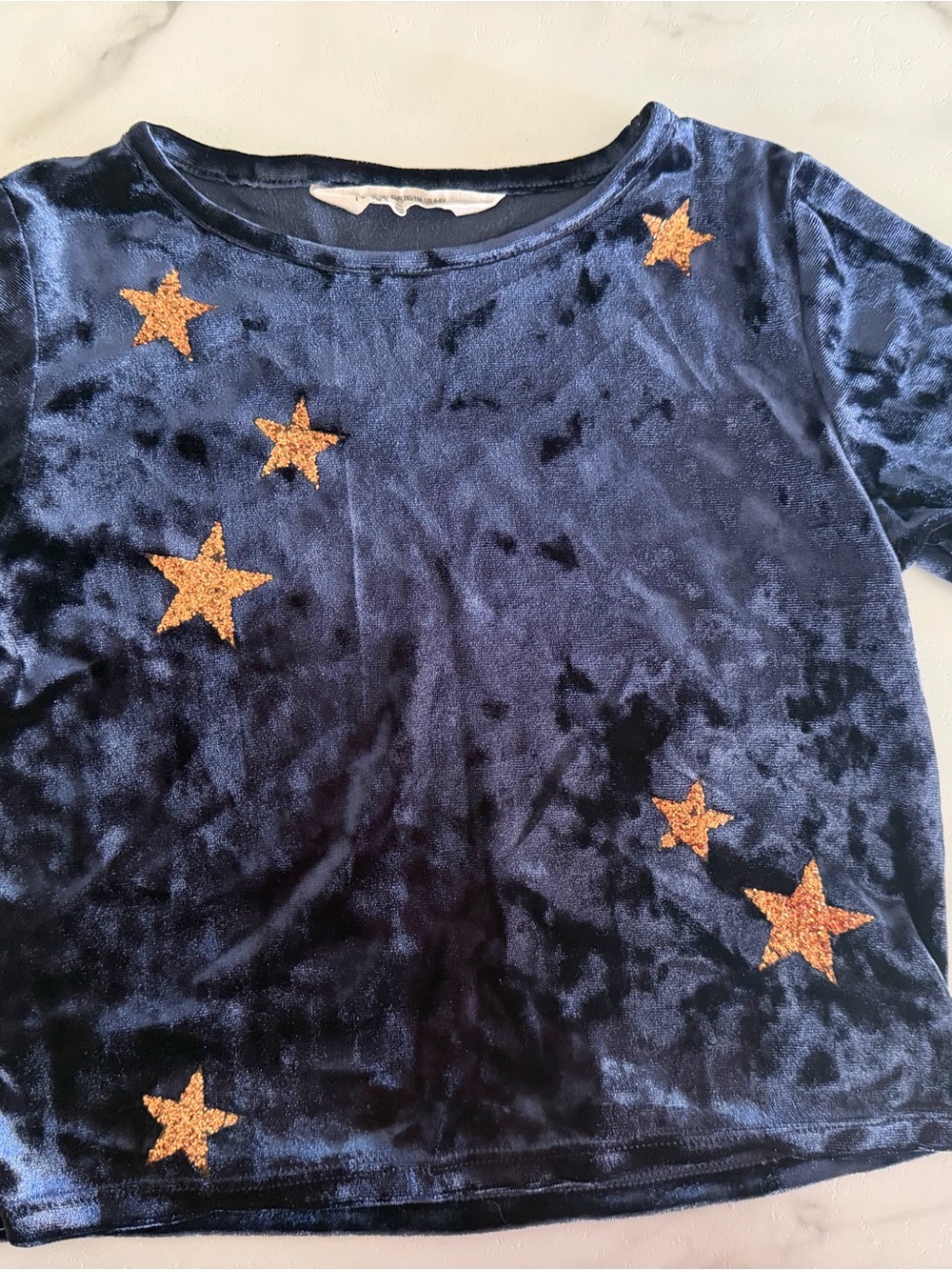 H&M Navy Velvet Tee with Gold Star Appliqués